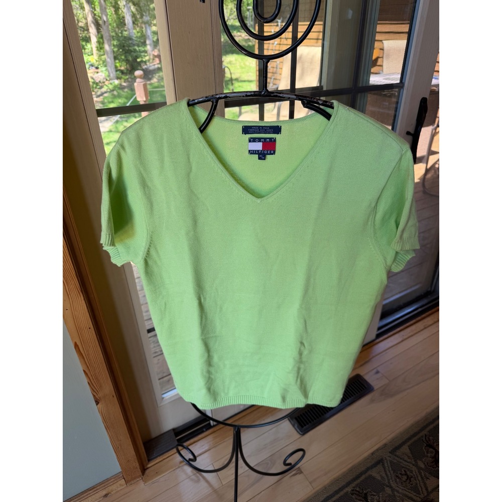 Tommy Hilfiger Womens Lime Green Cotton V-Neck Short Sleeve Sweater Size M NWT
